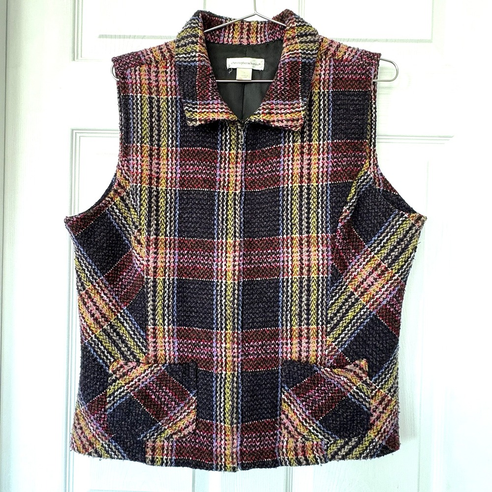 Christopher & Banks Womens LRG Plaid Textured Zip Front Vest Lined Pockets‎ EUC!